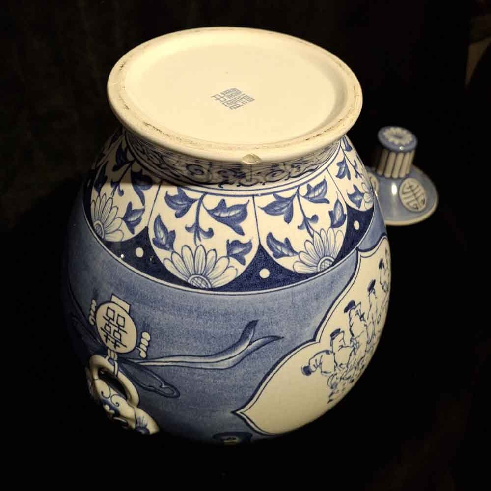 Mavi Beyaz Porselen Foo Dog Kulplu Kapaklı Kavanoz Çifti