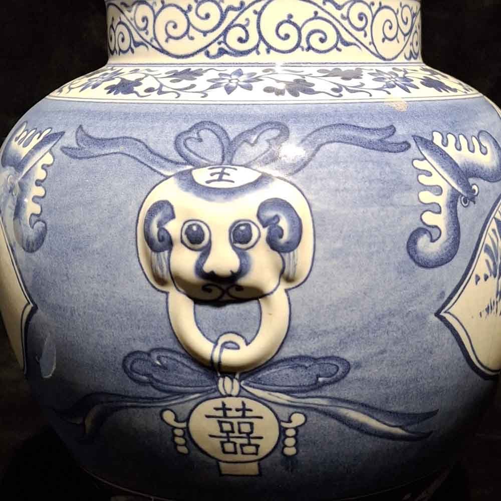 Mavi Beyaz Porselen Foo Dog Kulplu Kapaklı Kavanoz Çifti