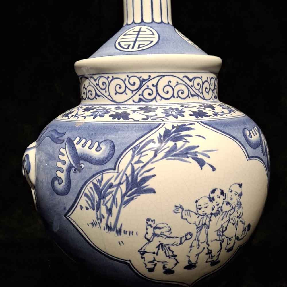 Mavi Beyaz Porselen Foo Dog Kulplu Kapaklı Kavanoz Çifti